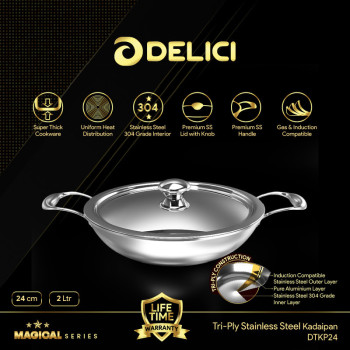Delici DTKP24 Tri-Ply Stainless Steel Kadai Pan with Premium SS Handle