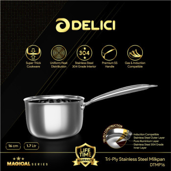 Delici DTMP16 Tri-Ply Stainless Steel Milk Pan with Premium SS Handle