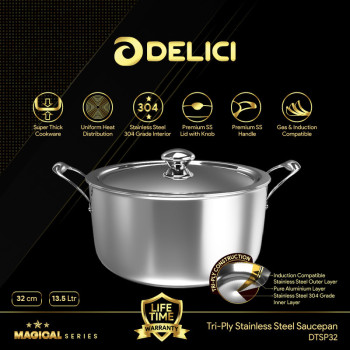 Delici DTSP 32 Tri-Ply Stainless Steel Saucepan with Premium SS Handle