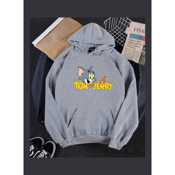 Tom and Jerry Cartoon Printed Hoodie Grey