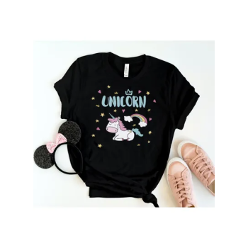 Unicorn Graphic Kids Round Neck Short Sleeve Unisex Black T-shirt