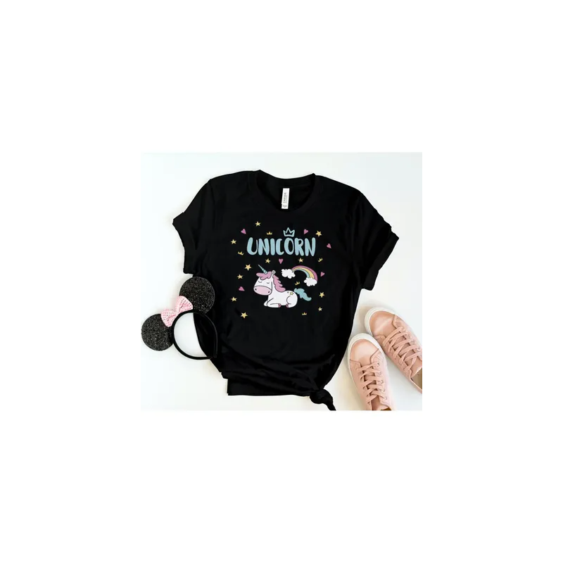 Unicorn Graphic Kids Round Neck Short Sleeve Unisex Black T-shirt