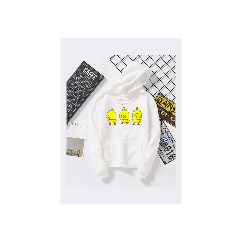 Unisex Autumn Winter Loose Hoodie Sweatshirt Printing Ducks Couple Wear Pullover White