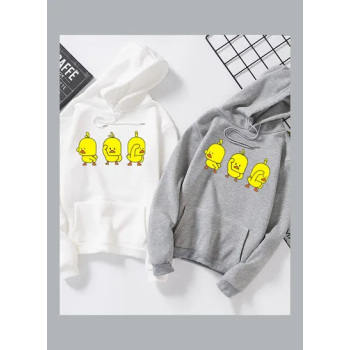 Unisex Autumn Winter Loose Hoodie Sweatshirt Printing Ducks Couple Wear Pullover White