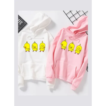 Unisex Autumn Winter Loose Hoodie Sweatshirt Printing Ducks Couple Wear Pullover White