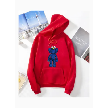 Unisex Thicken Hoodie Sweatshirt Cartoon Sitting Doll Couple Wear Loose Pullover Red