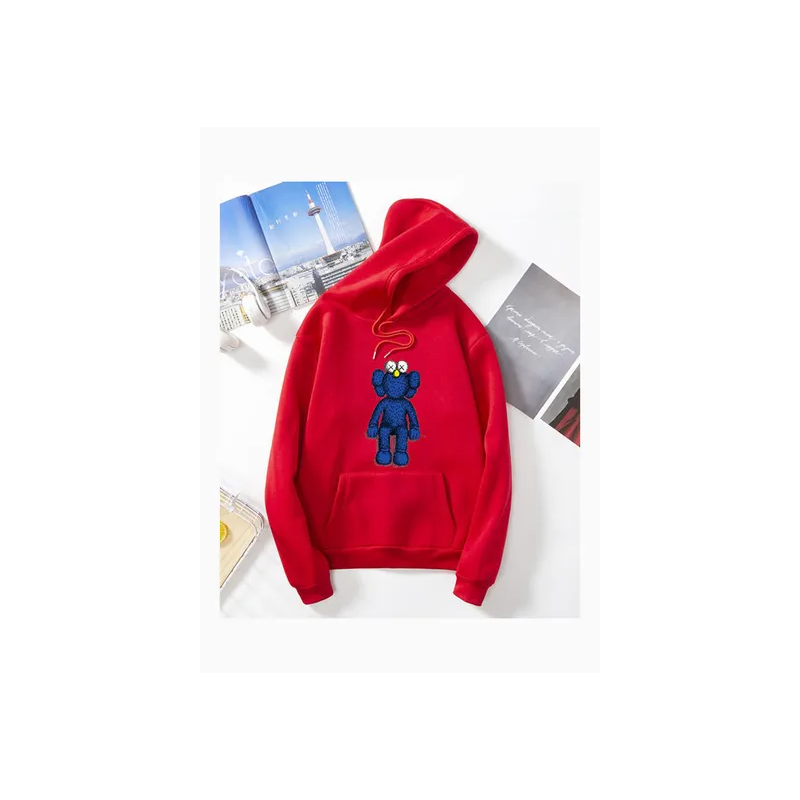 Unisex Thicken Hoodie Sweatshirt Cartoon Sitting Doll Couple Wear Loose Pullover Red