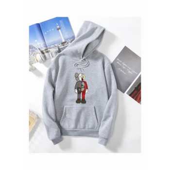 Unisex Cartoon Hoodie Sweatshirt Combined Doll Thicken Couple Wear Loose Pullover Grey