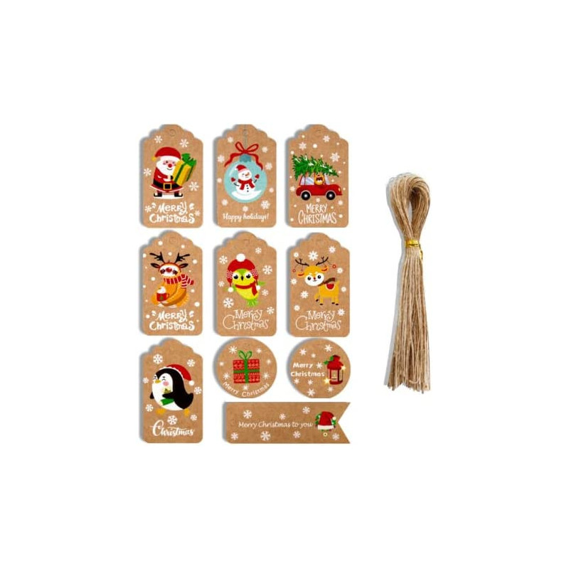 Christmas Gift Tags with String - Set of 50 Christmas gift cards for christmas gift bags, merry christmas tags
