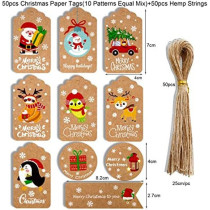 Christmas Gift Tags with String - Set of 50 Christmas gift cards for christmas gift bags, merry christmas tags