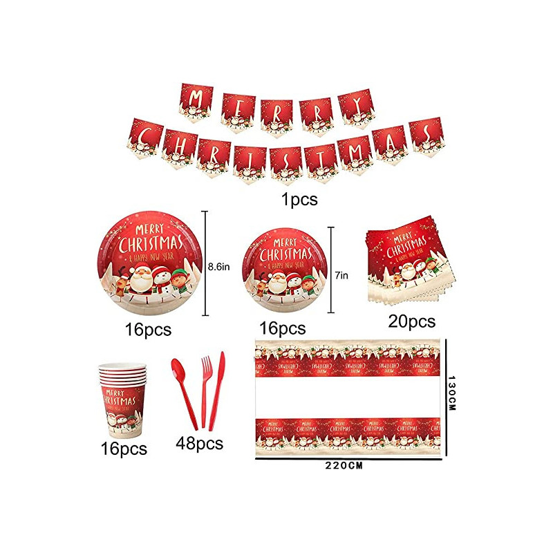 BrainGiggles Christmas Theme Disposable Tableware for 16 People (118 Pieces)