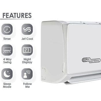 Super General 2 Ton Split Air Conditioner, 24000 Btu, Reciprocating Compressor, Auto Restart, Gold Fin, 4-Way Swing, Sgs-260-He, White - 115.5 X 41.5 X 31.5 Cm, 1 Year Warranty