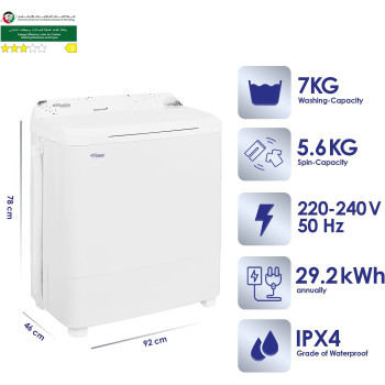 Super General 7 Kg Twin-Tub Semi-Automatic Washing Machine, White, Efficient Top-Load Washer With Low Noise Gear Box, Spin-Dry, SGW-77-N, 77 X 42 X 90 Cm, 1 Year Warranty