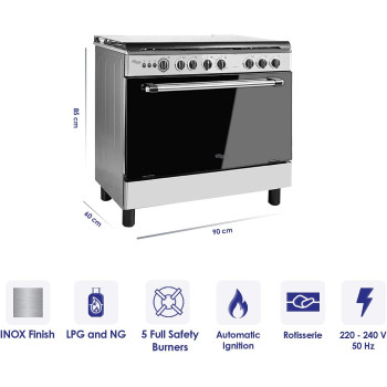 Super General Freestanding Gas-Cooker 5-Burner Full-Safety, Silver, SGC-901-FS, 1 Year Warranty