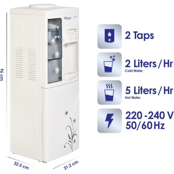 Super General Hot And Cold Water Dispenser, Water-Cooler With Cabinet And Cup-Holder, Instant-Hot-Water, 2 Taps, Sgl-1171, White/Grey, 31.2 X 32.5 X 96 Cm, 1 Year Warranty
