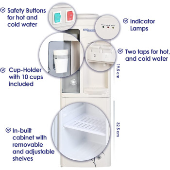 Super General Hot And Cold Water Dispenser, Water-Cooler With Cabinet And Cup-Holder, Instant-Hot-Water, 2 Taps, Sgl-1171, White/Grey, 31.2 X 32.5 X 96 Cm, 1 Year Warranty