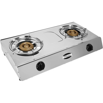 Super General Table-Top Gas-Cooker 2 Burner, Stainless-Steel-Cooker, Removable Trivet And Saucer Tray, Silver, Sgb-212-Ffd, 70 X 30 X 10 Cm, 1 Year Warranty