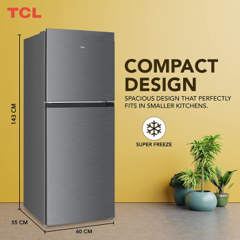 TCL 256 Liters Double Door Top Mount Refrigerator, Large Crisper Drawer With Humidity Control - Silver (P256TMS)