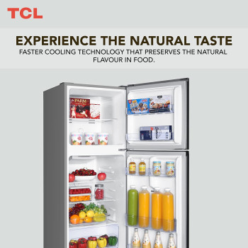TCL 256 Liters Double Door Top Mount Refrigerator, Large Crisper Drawer With Humidity Control - Silver (P256TMS)