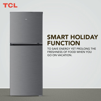 TCL 256 Liters Double Door Top Mount Refrigerator, Large Crisper Drawer With Humidity Control - Silver (P256TMS)