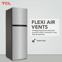 TCL 324 Liters Double Door Top Mount Refrigerator, Large Crisper Drawer With Humidity Control, Inox, P324TMN