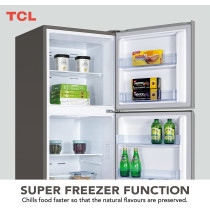 TCL 324 Liters Double Door Top Mount Refrigerator, Large Crisper Drawer With Humidity Control, Inox, P324TMN