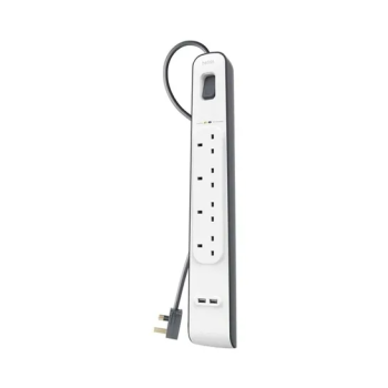Belkin 4 Way/4 Plug Surge Protection Strip With 2 Meters Cord Length - Heavy Duty Electrical Extension Socket With 2 X 2.4 A Shared Usb Ports Black/White