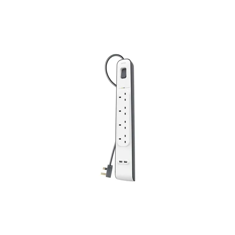 Belkin 4 Way/4 Plug Surge Protection Strip With 2 Meters Cord Length - Heavy Duty Electrical Extension Socket With 2 X 2.4 A Shared Usb Ports Black/White