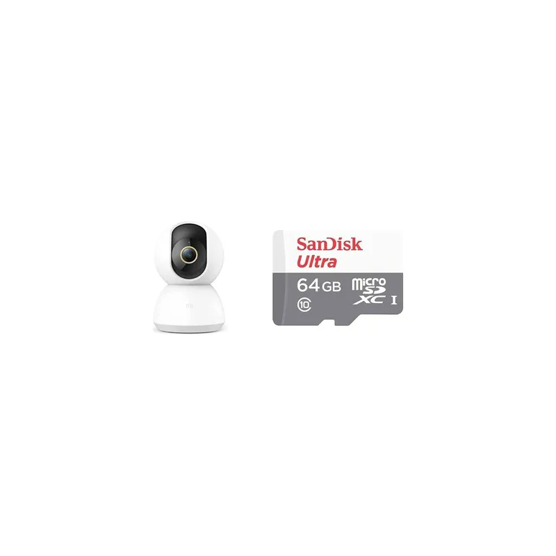 Xiaomi Mi Home Security Camera 360 Degrees 2K White & 64GB Ultra microSDXC UHS 1 Card 100MB/s SDSQUNR 064G GN3MN, Grey
