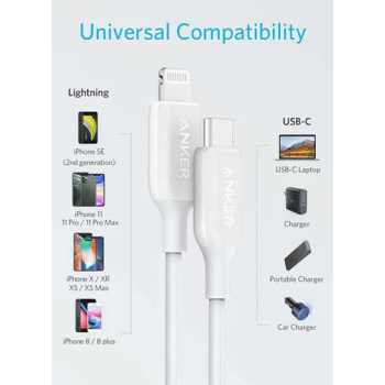Anker PowerLine III USB-C To Lightning 6ft, White/Silver