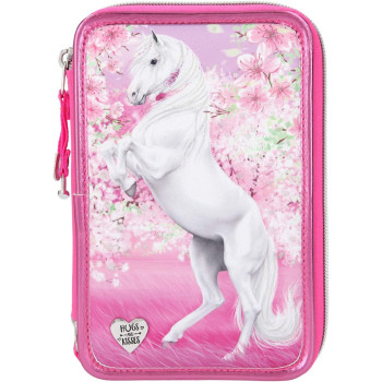 Depesche 411424 Filled Pencil case in Miss Melody Cherry Blossom Design, Approx. 7 x 14 x 20 cm, with 3 compartments and pens by Lyra, Ruler, Scissors, Glue and a Secret Pocket, Pink