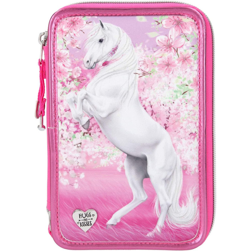 Depesche 411424 Filled Pencil case in Miss Melody Cherry Blossom Design, Approx. 7 x 14 x 20 cm, with 3 compartments and pens by Lyra, Ruler, Scissors, Glue and a Secret Pocket, Pink