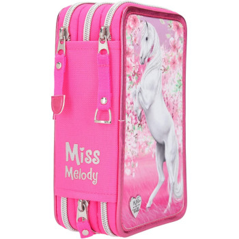 Depesche 411424 Filled Pencil case in Miss Melody Cherry Blossom Design, Approx. 7 x 14 x 20 cm, with 3 compartments and pens by Lyra, Ruler, Scissors, Glue and a Secret Pocket, Pink