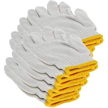 Abbasali Washable Cotton Plain SeaMLess Workwear Industrial Gloves (White With Yellow Edge)- 10 Pairs