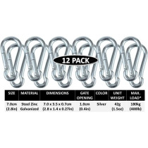Branded Boards Heavy Duty Zinc-Galvanized Steel Carabiner Spring Snap Clip Link Hooks. 200-400Lb Load Rating. 6 Packs, 12 Packs And Variety Packs.