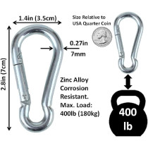 Branded Boards Heavy Duty Zinc-Galvanized Steel Carabiner Spring Snap Clip Link Hooks. 200-400Lb Load Rating. 6 Packs, 12 Packs And Variety Packs.