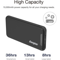 Energizer 10000 Mah Fast Charging Power Bank, Power Delivery, Qualcomm Quick Charge, Triple Outputs 2 Smart Usb And Type C, Dual Inputs Type C And Micro Usb, Black, Ue10052Pq_Bk