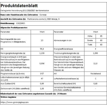 Gorenje 12 Place Settings Freestanding Dishwasher, Gs62040S"Min 1 year manufacturer warranty"