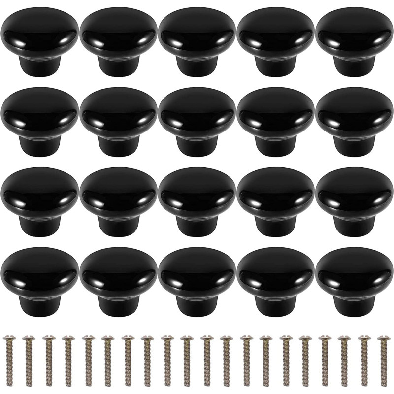ZOENHOU 20 PCS Black Ceramic Cabinet Knobs, Vintage Ceramic Round Door Knobs with 20 Original Screws (0.98 Inch), Pull Door Drawer Handles for Dresser Kitchen Cupboard Bathroom Locker Home Office