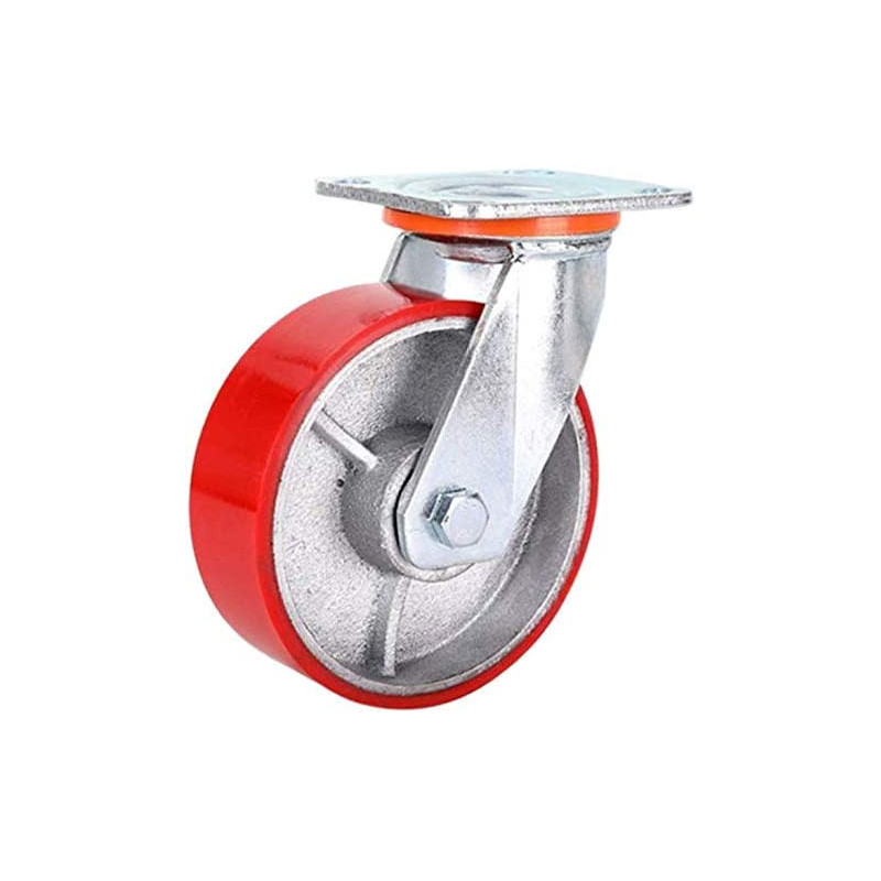 WIN&FACATORY Heavy Duty Panel Industrial Metal Casting Wheels Red Rotatable Polyurethane Furniture Roll Iron Core 360 deg Bearing high load silent 1 piece for large furniture trolleys platform tru