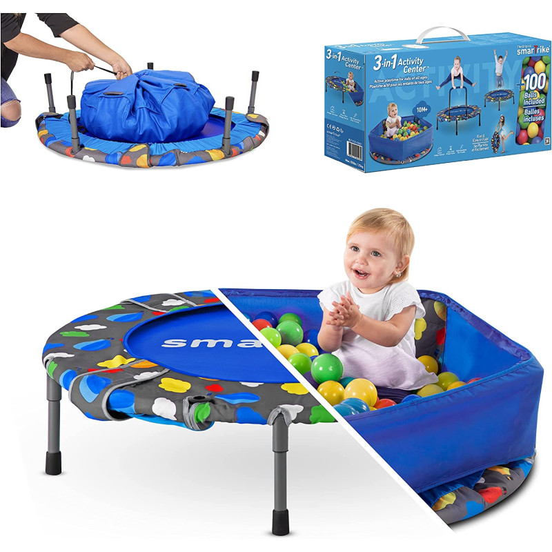 Smartrike Indoor Toddler Trampoline With Handle, Ball Pit With 100 Balls Included, Foldable Baby Trampoline, Kids Trampoline For 1-5 Years