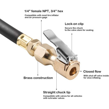 CZC AUTO Heavy Duty Brass Air Chuck, Closed Flow Straight Tire Chuck with Lock-on Clip, 1/4" FNPT Tyre Chuck for Tire Inflator Pressure Gauge Air Pump Compressor Accessories (Brass, 4 Pack)
