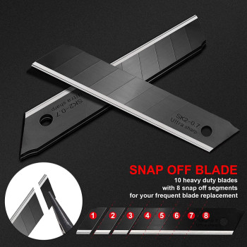 HAUTMEC 100PCS 18mm Triple Cutting-edge Snap Off Blades, Retractable Black Replacement Blades, SK2 Heavy Duty Utility Knife Blades, Strengthened Safety Box, for Box, Carpet, Rope HT0083-100PC