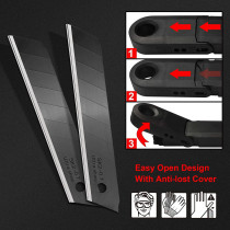 HAUTMEC 100PCS 18mm Triple Cutting-edge Snap Off Blades, Retractable Black Replacement Blades, SK2 Heavy Duty Utility Knife Blades, Strengthened Safety Box, for Box, Carpet, Rope HT0083-100PC