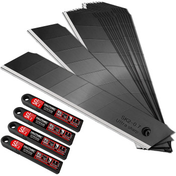 HAUTMEC 40PCS 18mm Triple Cutting-edge Snap Off Blades, Retractable Black Replacement Blades, SK2 Heavy Duty Blades, Strengthened Safety Box, for Box, Carpet, Rope HT0083-40PC