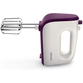 PHILIPS HR3740/11 Viva Collection Hand Mixer -White/Deep Purple, 400W, Stainless Steel Hooks, 5 speeds + turbo, Double Balloon Beater + Kneading tool - International Version