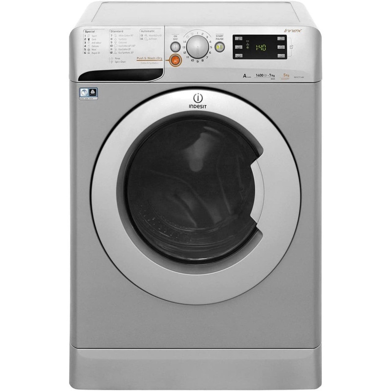 Indesit Freestanding Innex Washer and Dryer/ 7Kg Washing Capacity/ 5Kg Drying Capacity/ 1400 Rpm/ Silver/ XWDE-751480XSUK