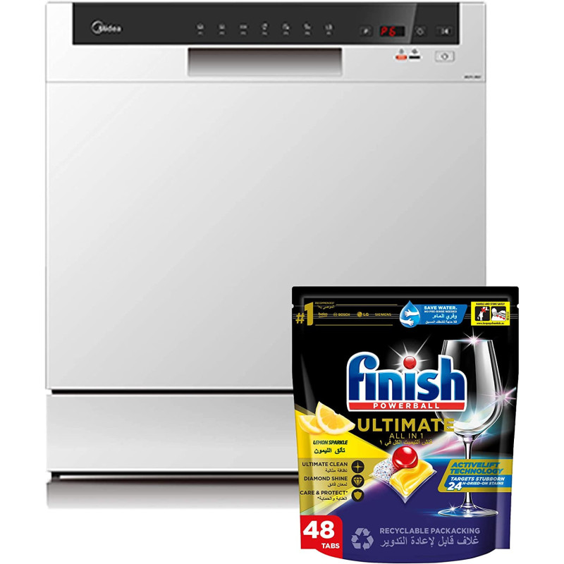 Midea Portable dishwasher with Finish Powerball Ultimate All in One Dishwasher Tablets, Lemon Sparkle, 48 Tabs