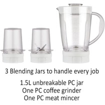 Nikai 300W Blender With 3 Jars - 1.5 Ltr Liquid Jar, 1 Coffee Grinder And 1 Meat Mincer, Stainless Steel Blades And 2 Speed Settings, 2 Years Warranty, Nb1900Na1, White