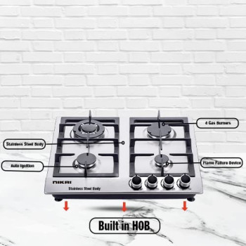 Nikai 4 Burner Built-In Gas Hob With Autoignition, NGH3005N- Stainless Steel, Silver"Min 1 Year Manufacturer Warranty"